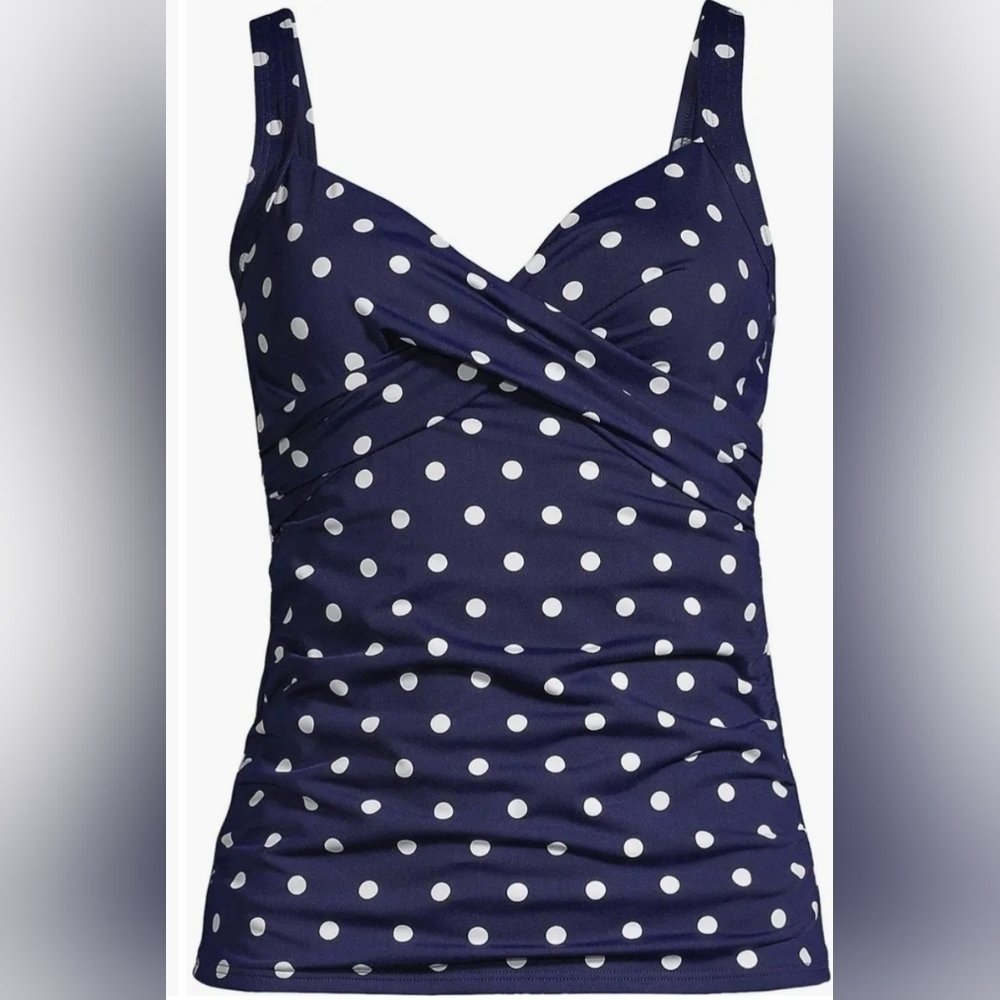 Lands' End Deep Sea Polka Dot V-Neck Wrap Underwire Tankini Women's Size 18